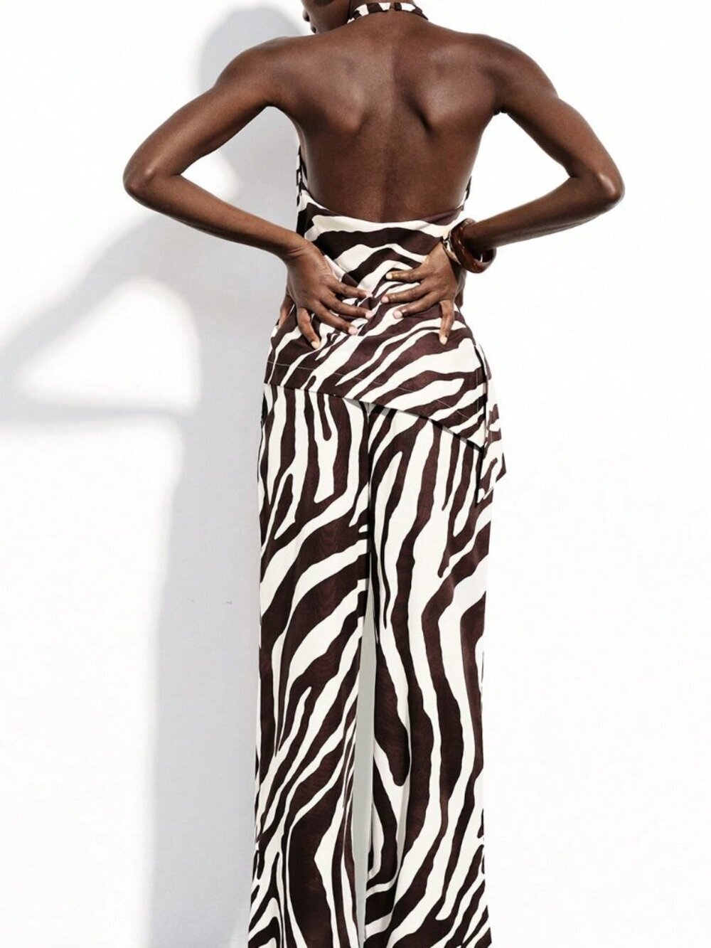Multicolor Zebra Print Women's Halter Backless Drawstring Wide-Leg Pants Set - Picture 2 of 6